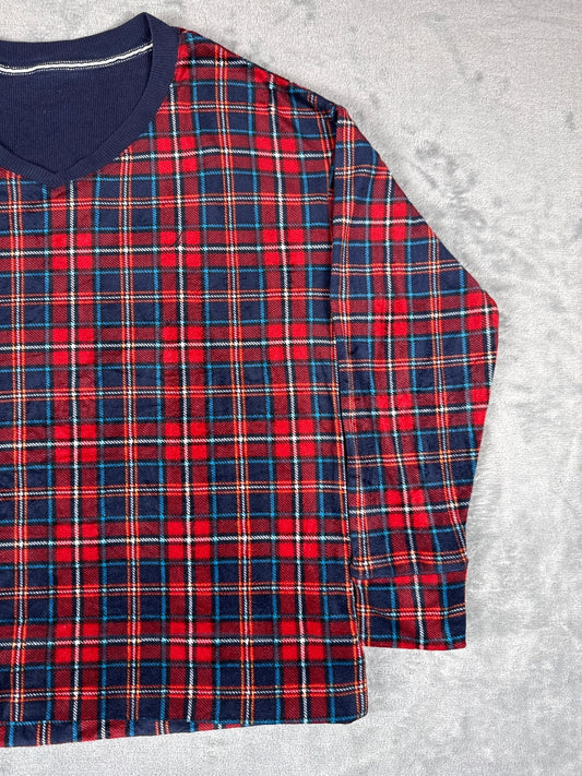 Nautica Red and Navy Blue Plaid Long Sleeve V-Neck Shirt - M