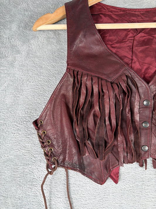 Vintage Burgundy Leather Fringe Vest with Lace-up Sides