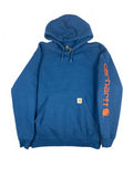 Carhartt Blue Hoodie with Orange Sleeve Logo, Size Small