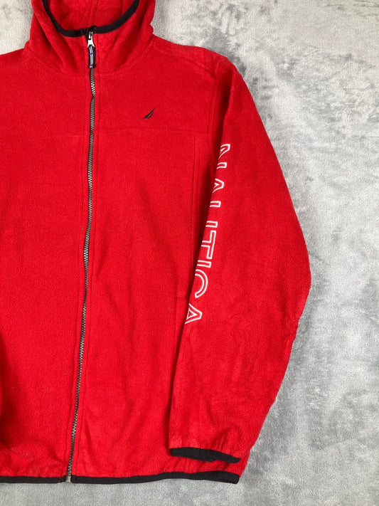Nautica Red Full-Zip Hooded Fleece Vintage Jacket Size XL
