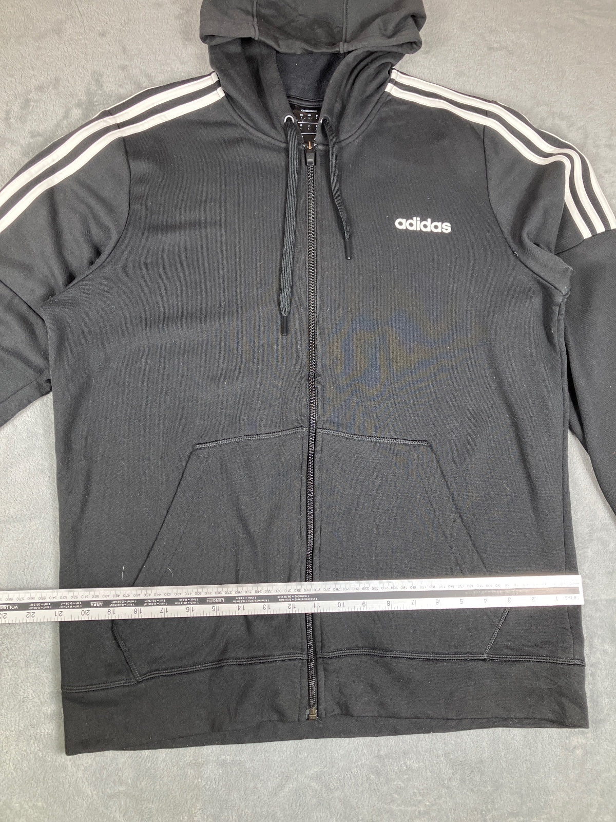 Adidas Black Hoodie with White Stripes and Logo, Size Large