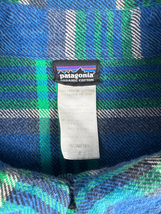 Patagonia Women's Cotton Blue and Green Plaid Shirt Size 8