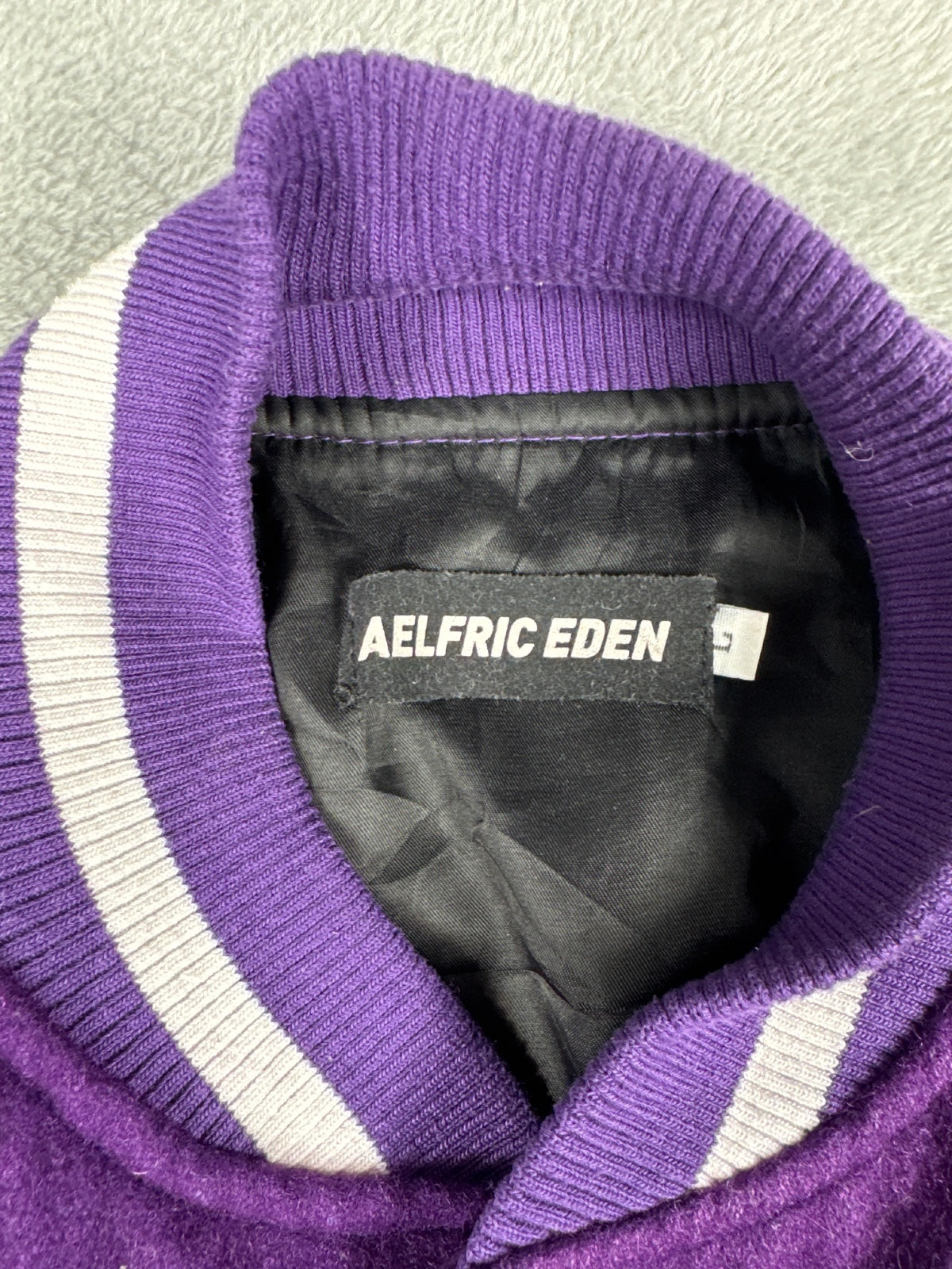Retro Purple and White Varsity Jacket with Bone Patches - L