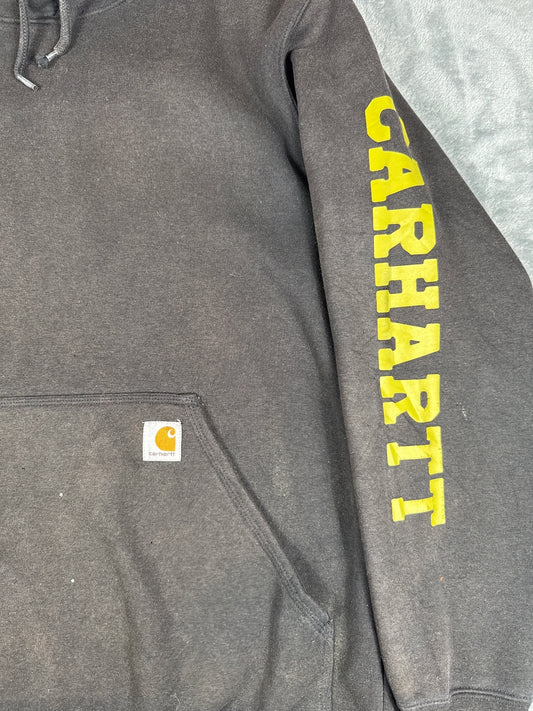 Carhartt Loose Fit Hoodie with Yellow Logo on Sleeve, Medium