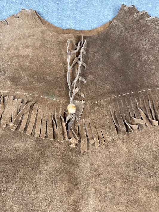 Vintage Brown Suede Fringe Vest with Lace-Up Detail