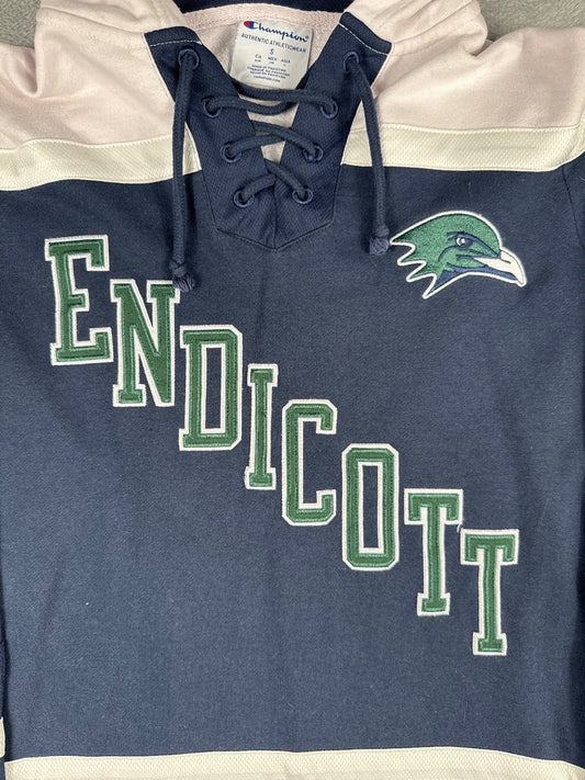 Champion Endicott Navy and White Hooded Sweatshirt Size M