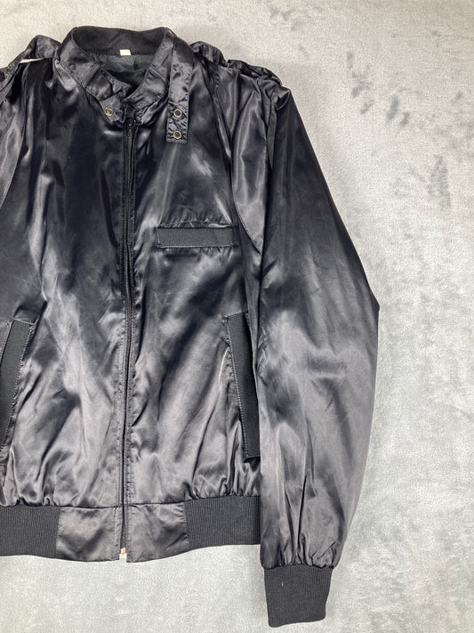 Black Satin Bomber Jacket with Ribbed Cuffs and Waistband S