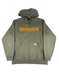 Vintage Carhartt Olive Green Hoodie with Orange Logo - Large