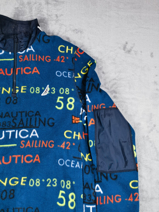 Nautica Blue Multi-Color Fleece Pullover with Elbow Patch -L