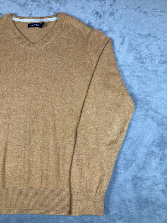 Nautica Men's Camel Brown V-Neck Vintage Sweater Size M