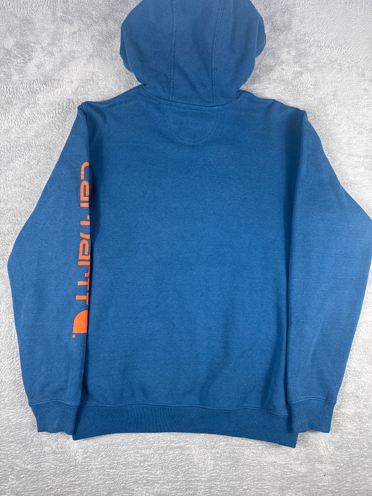 Carhartt Blue Hoodie with Orange Sleeve Logo, Size Small