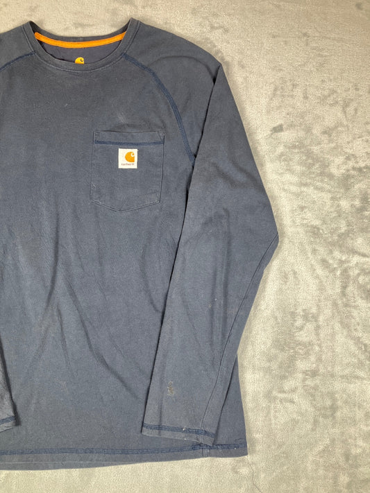 Carhartt Relaxed Fit Long Sleeve Navy Blue Pocket T-Shirt, M