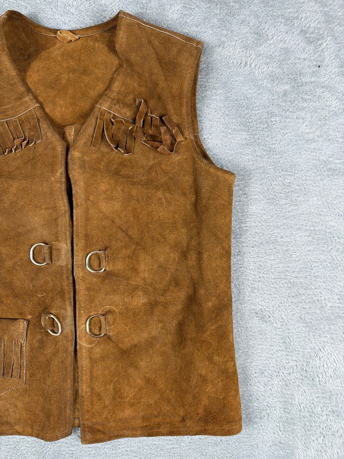 Vintage Brown Suede Leather Vest with Fringe and Metal Rings