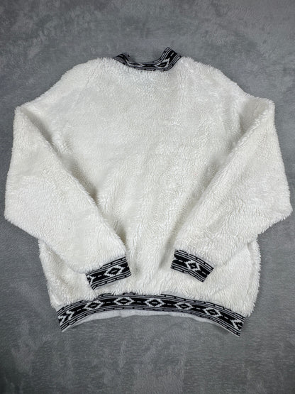 Parrinello White Fleece Sweater with Black Patterned Trim