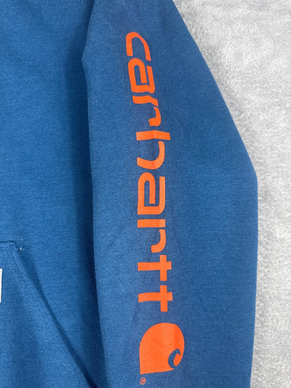 Carhartt Blue Hoodie with Orange Sleeve Logo, Size Small