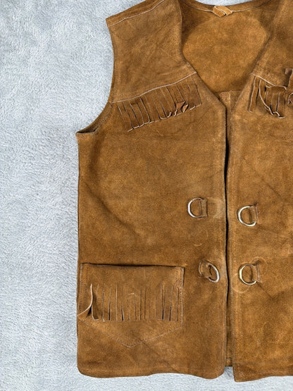 Vintage Brown Suede Leather Vest with Fringe and Metal Rings