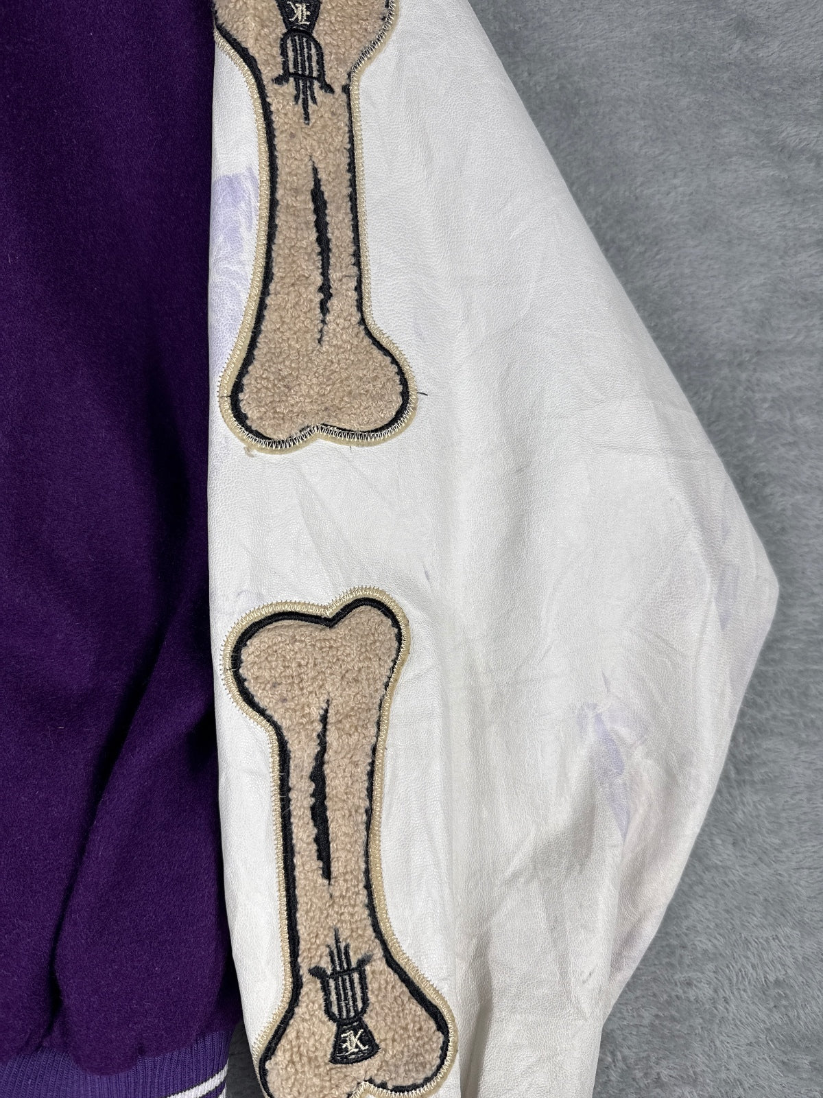 Retro Purple and White Varsity Jacket with Bone Patches - L