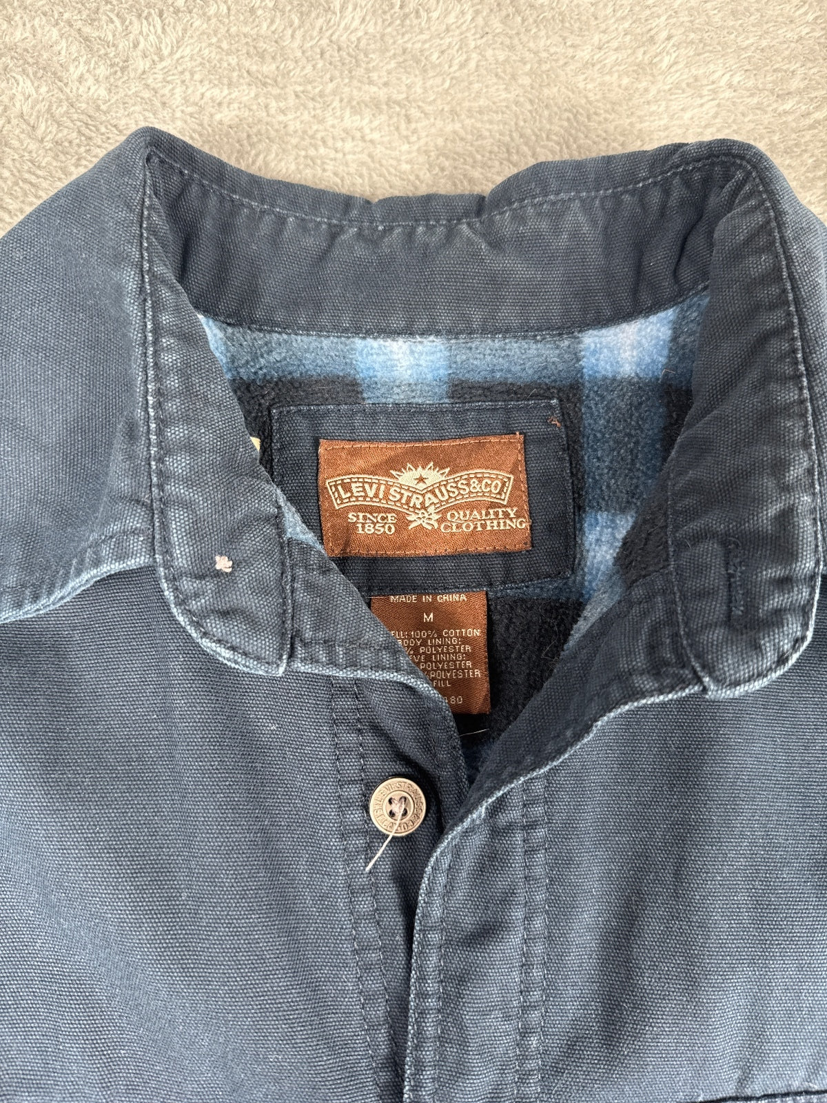 Levi's Navy Blue Cotton Button-Up Shirt Jacket with Fleece L