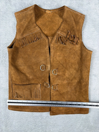 Vintage Brown Suede Leather Vest with Fringe and Metal Rings