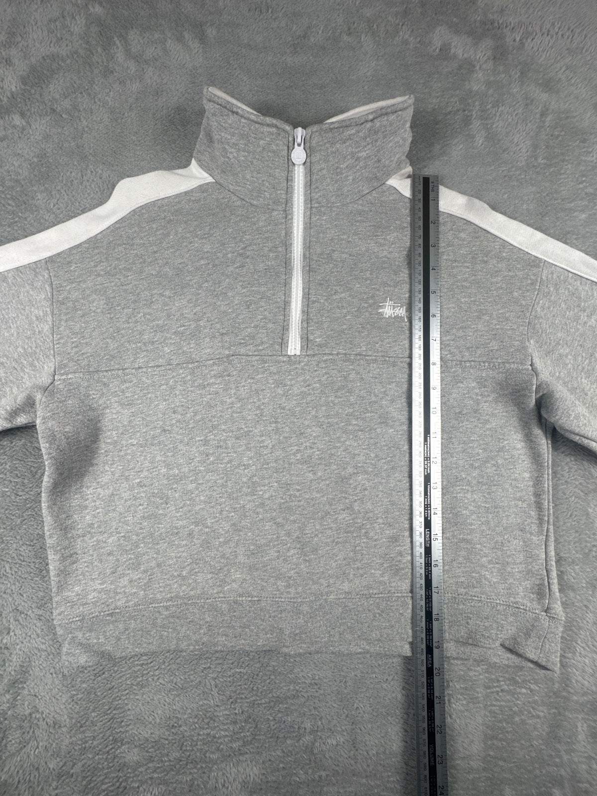 Stussy Grey and White Cropped Quarter Zip Sweatshirt Size 6