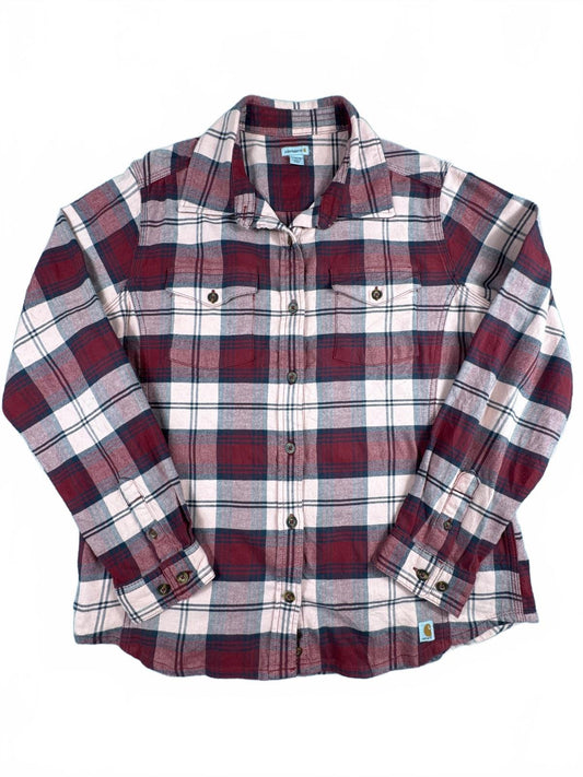 Carhartt Red and Pink Plaid Button-Up Shirt Size L (12/14)