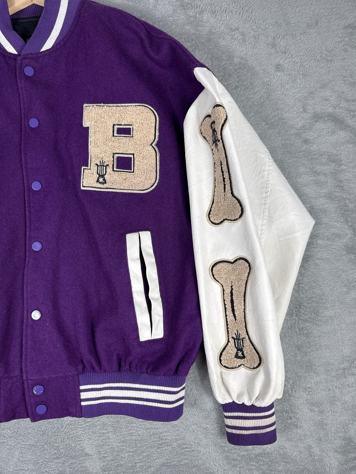 Retro Purple and White Varsity Jacket with Bone Patches - L
