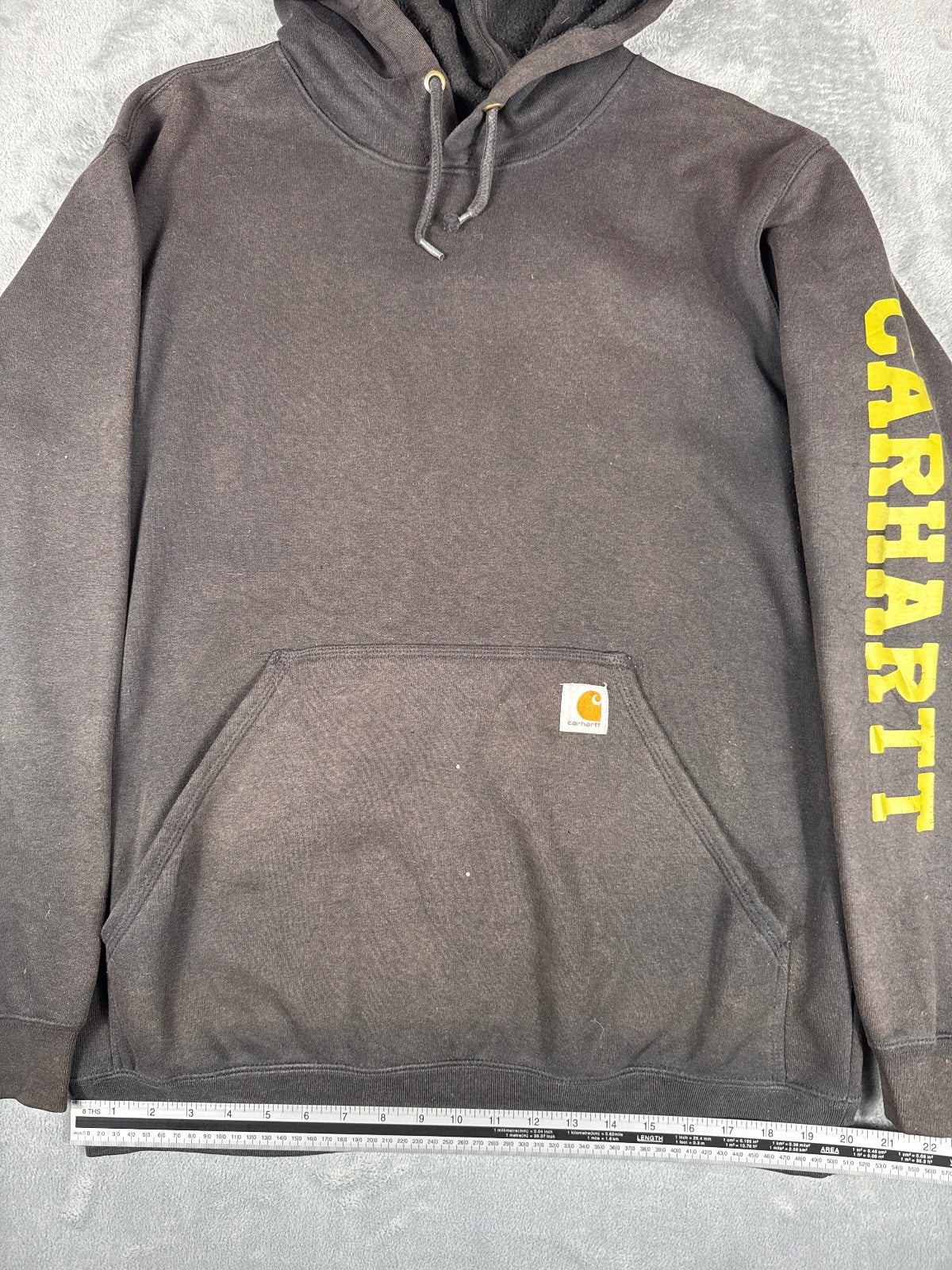 Carhartt Loose Fit Hoodie with Yellow Logo on Sleeve, Medium