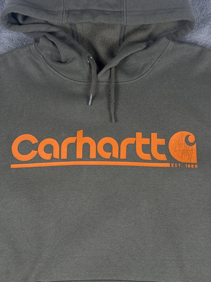 Vintage Carhartt Olive Green Hoodie with Orange Logo - Large