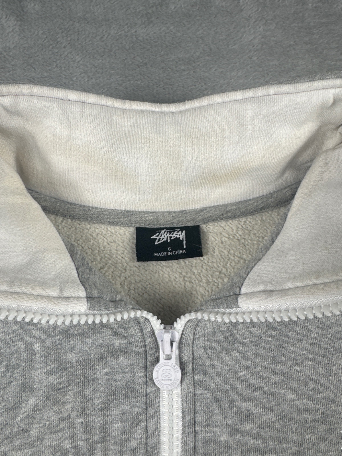 Stussy Grey and White Cropped Quarter Zip Sweatshirt Size 6