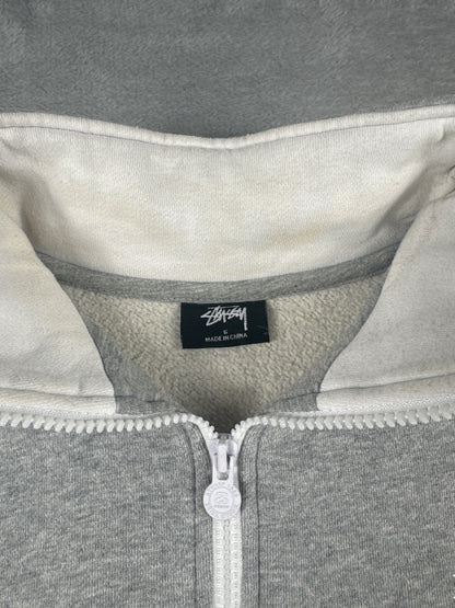 Stussy Grey and White Cropped Quarter Zip Sweatshirt Size 6