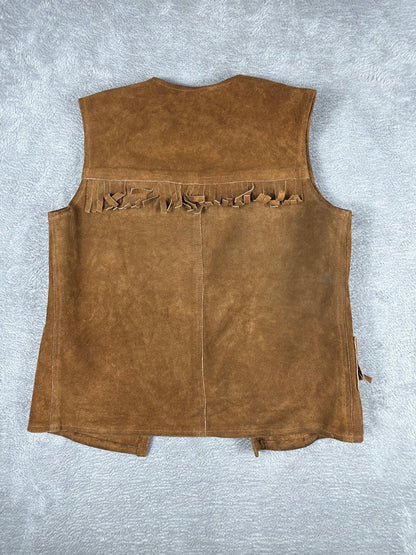Vintage Brown Suede Leather Vest with Fringe and Metal Rings