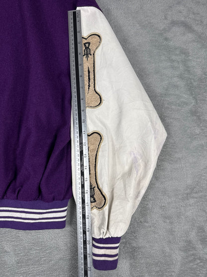 Retro Purple and White Varsity Jacket with Bone Patches - L