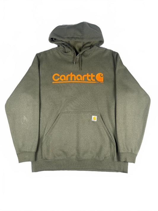 Vintage Carhartt Olive Green Hoodie with Orange Logo - Large