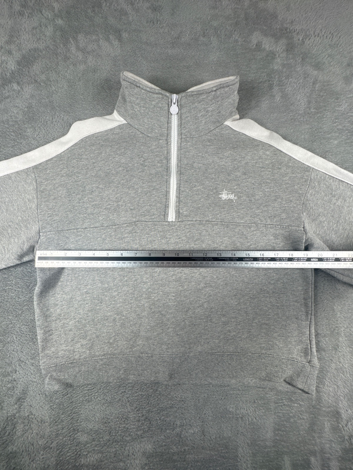 Stussy Grey and White Cropped Quarter Zip Sweatshirt Size 6