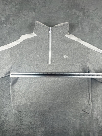 Stussy Grey and White Cropped Quarter Zip Sweatshirt Size 6
