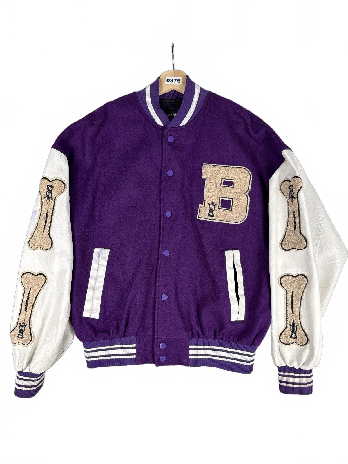 Retro Purple and White Varsity Jacket with Bone Patches - L