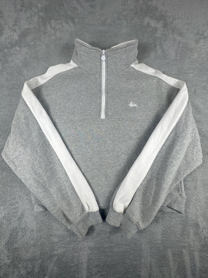 Stussy Grey and White Cropped Quarter Zip Sweatshirt Size 6