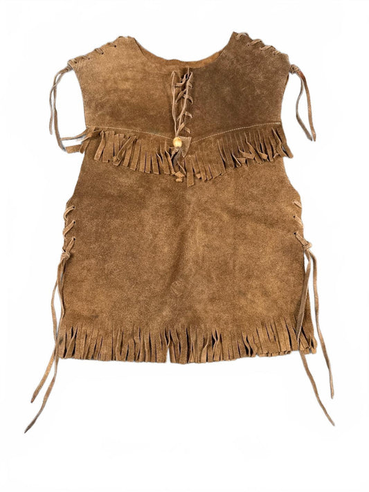 Vintage Brown Suede Fringe Vest with Lace-Up Detail